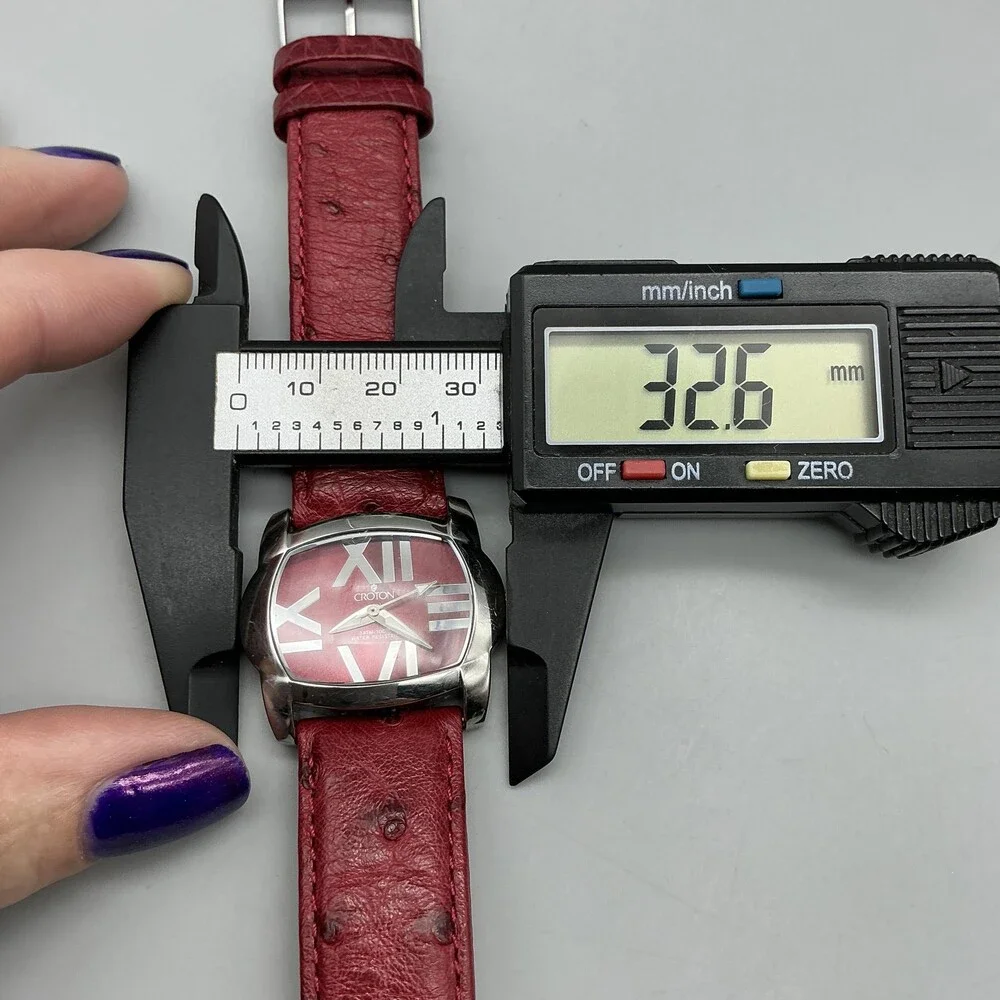 Croton Womens Watch 33mm Silver Tone Red Cushion Ostrich Leather New Battery
